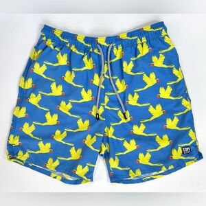 TOM & TEDDY‎ Parrot Swim Trunks Board Shorts 7” Blue Yellow Size Large EUC